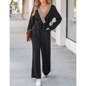 Cupshe Embroidered Belted Wide Leg Long Sleeve Jumpsuit Sz Large Womens Black